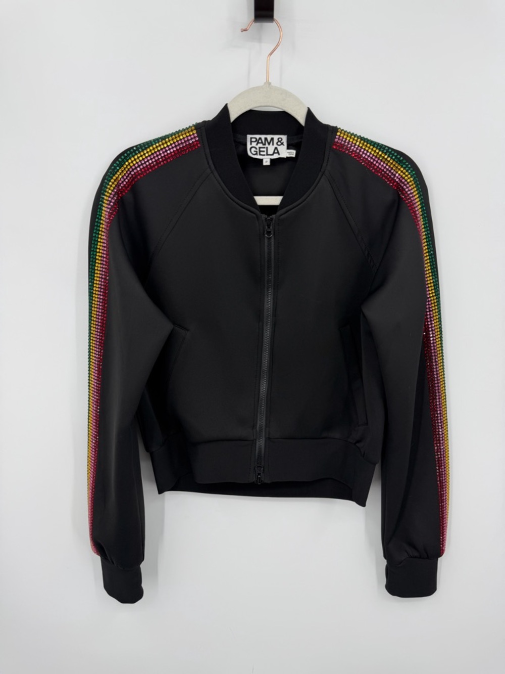 PAM & GELA Black Bomber track Jacket sportstripes rainbow rhinestone Stripe sz P